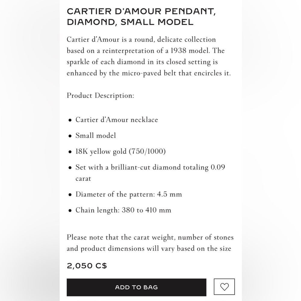 Cartier d'Amour Necklace Small Model (SM) Yellow Gold Diamond - NIB - Picture 6 of 13